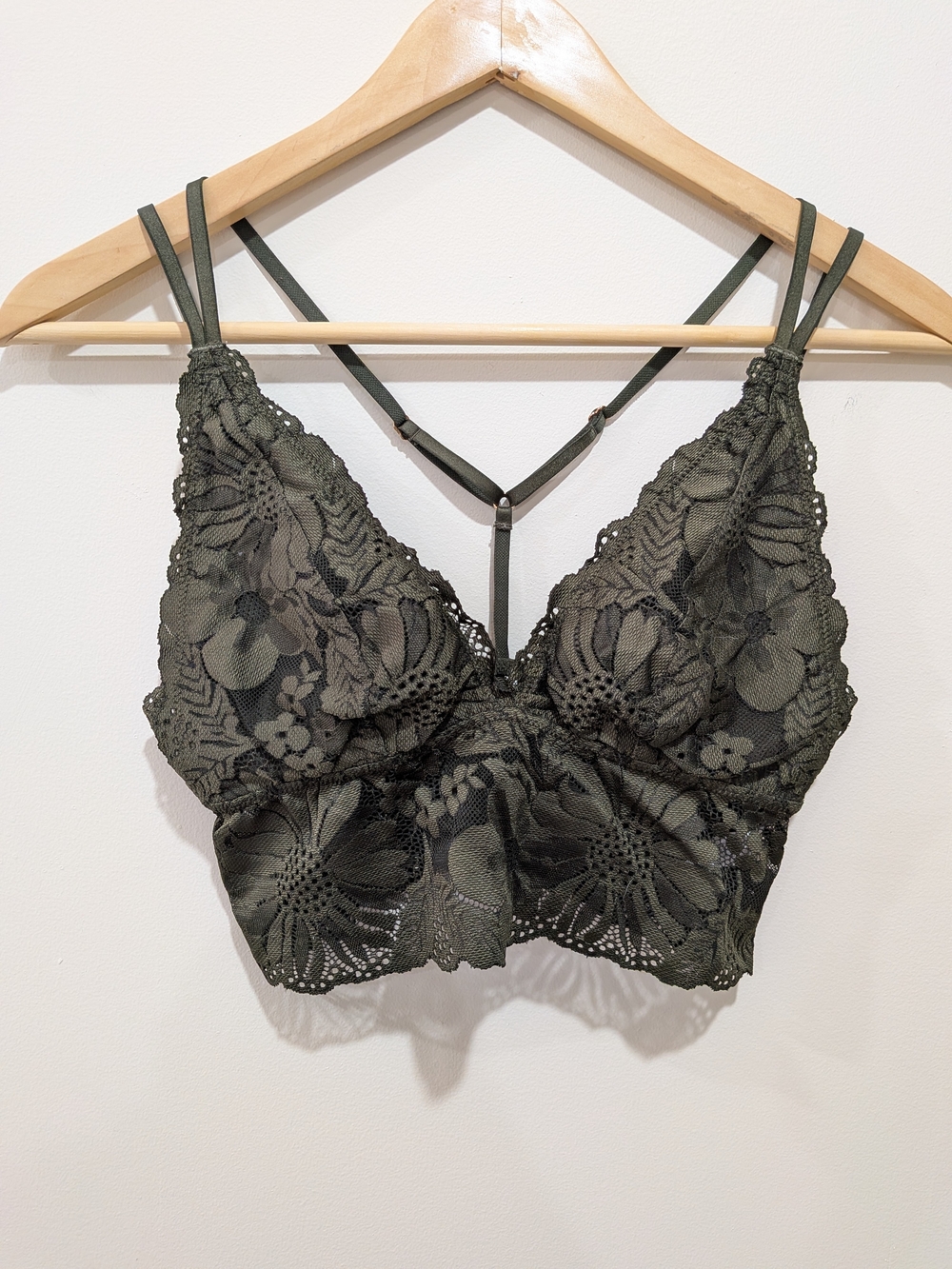 Lace Bralette with Floral Detail - Olive Green